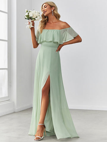 EVER-PRETTY Off Shoulder Ruffle Trim Split Thigh Chiffon Bridesmaid Dress
