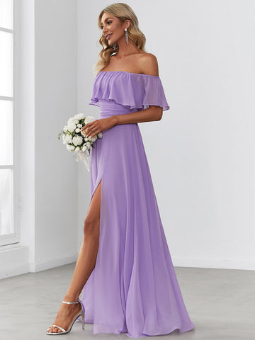 EVER-PRETTY Off Shoulder Ruffle Trim Split Thigh Chiffon Bridesmaid Dress