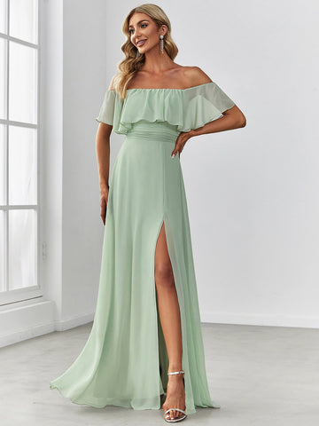 EVER-PRETTY Off Shoulder Ruffle Trim Split Thigh Chiffon Bridesmaid Dress