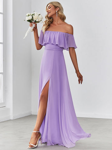 EVER-PRETTY Off Shoulder Ruffle Trim Split Thigh Chiffon Bridesmaid Dress