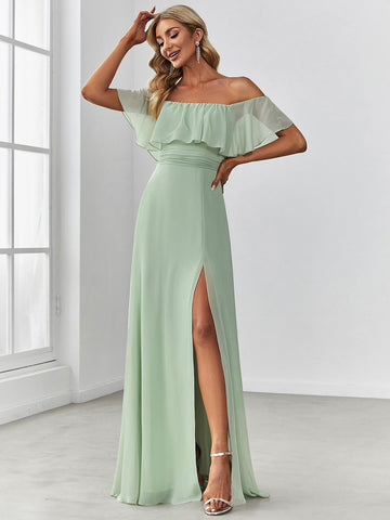 EVER-PRETTY Off Shoulder Ruffle Trim Split Thigh Chiffon Bridesmaid Dress