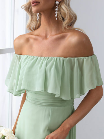 EVER-PRETTY Off Shoulder Ruffle Trim Split Thigh Chiffon Bridesmaid Dress