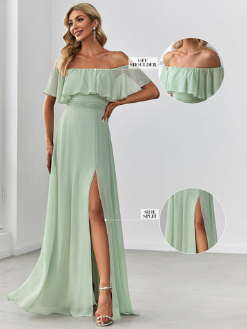 EVER-PRETTY Off Shoulder Ruffle Trim Split Thigh Chiffon Bridesmaid Dress