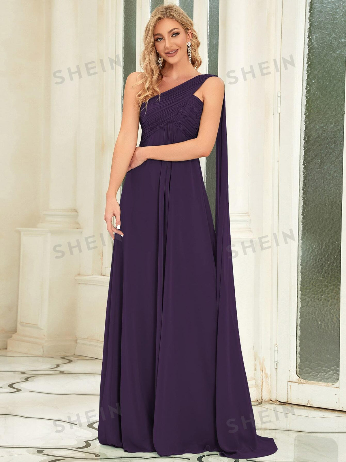 EVER-PRETTY One Shoulder Draped Detail Pleated Bodice Prom Dress