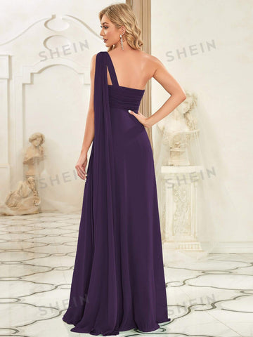 EVER-PRETTY One Shoulder Draped Detail Pleated Bodice Prom Dress