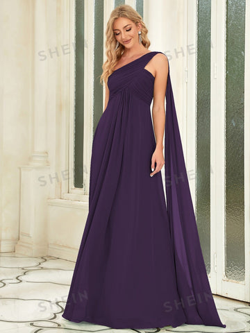 EVER-PRETTY One Shoulder Draped Detail Pleated Bodice Prom Dress
