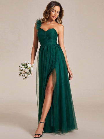 EVER-PRETTY One Shoulder Split Thigh Mesh Bridesmaid Dress
