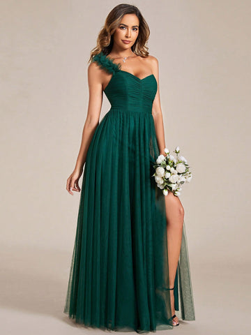 EVER-PRETTY One Shoulder Split Thigh Mesh Bridesmaid Dress