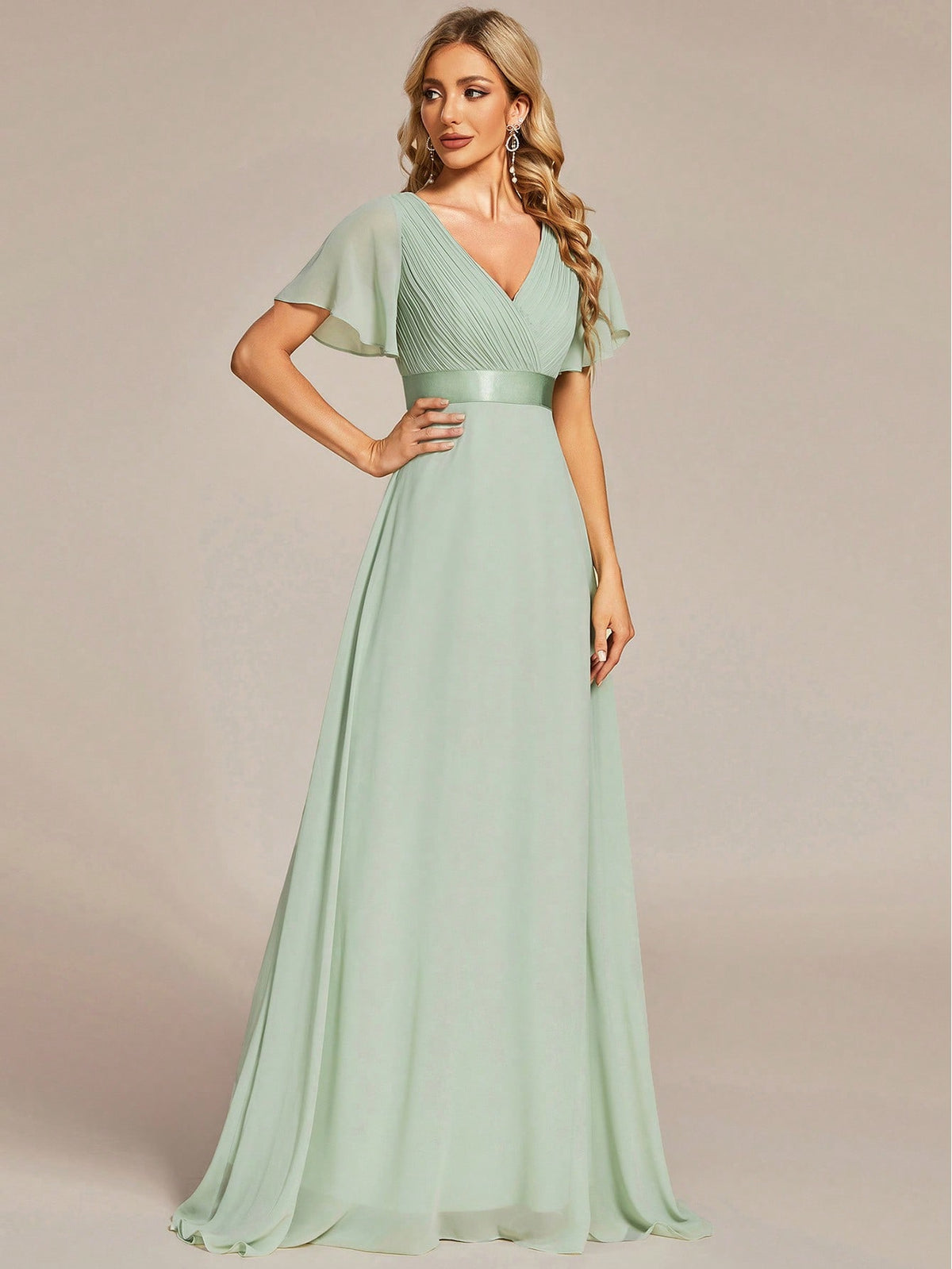 EVER-PRETTY Plunging Neck Butterfly Sleeve Chiffon Bridesmaid Dress
