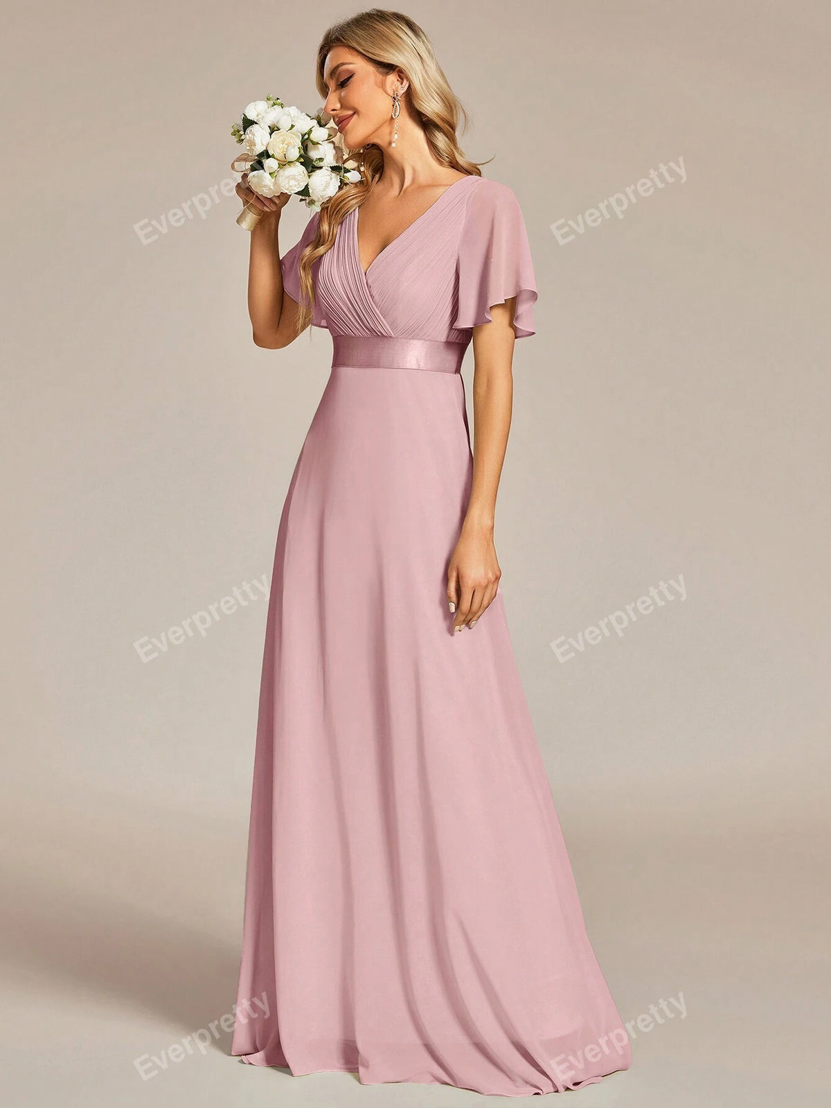 EVER-PRETTY Plunging Neck Butterfly Sleeve Chiffon Bridesmaid Dress