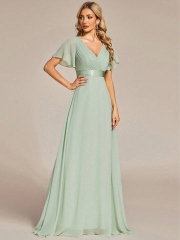 EVER-PRETTY Plunging Neck Butterfly Sleeve Chiffon Bridesmaid Dress
