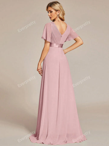 EVER-PRETTY Plunging Neck Butterfly Sleeve Chiffon Bridesmaid Dress