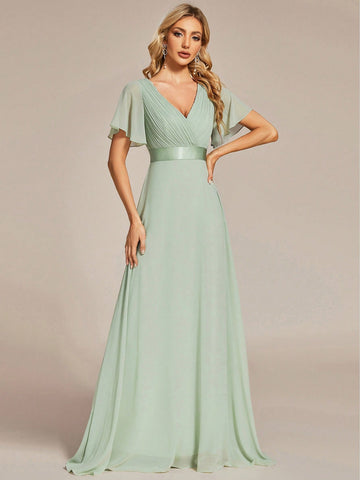 EVER-PRETTY Plunging Neck Butterfly Sleeve Chiffon Bridesmaid Dress
