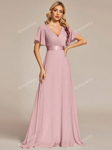 EVER-PRETTY Plunging Neck Butterfly Sleeve Chiffon Bridesmaid Dress