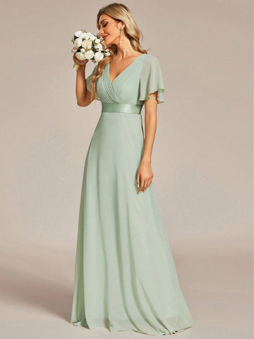 EVER-PRETTY Plunging Neck Butterfly Sleeve Chiffon Bridesmaid Dress