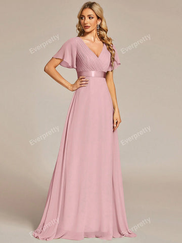 EVER-PRETTY Plunging Neck Butterfly Sleeve Chiffon Bridesmaid Dress