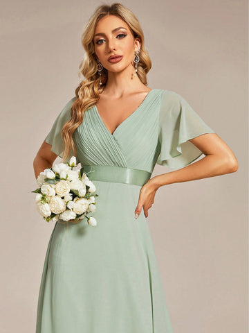 EVER-PRETTY Plunging Neck Butterfly Sleeve Chiffon Bridesmaid Dress