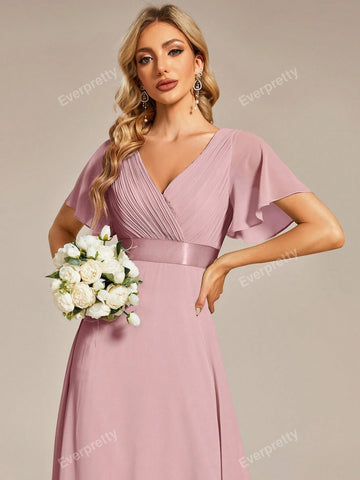 EVER-PRETTY Plunging Neck Butterfly Sleeve Chiffon Bridesmaid Dress