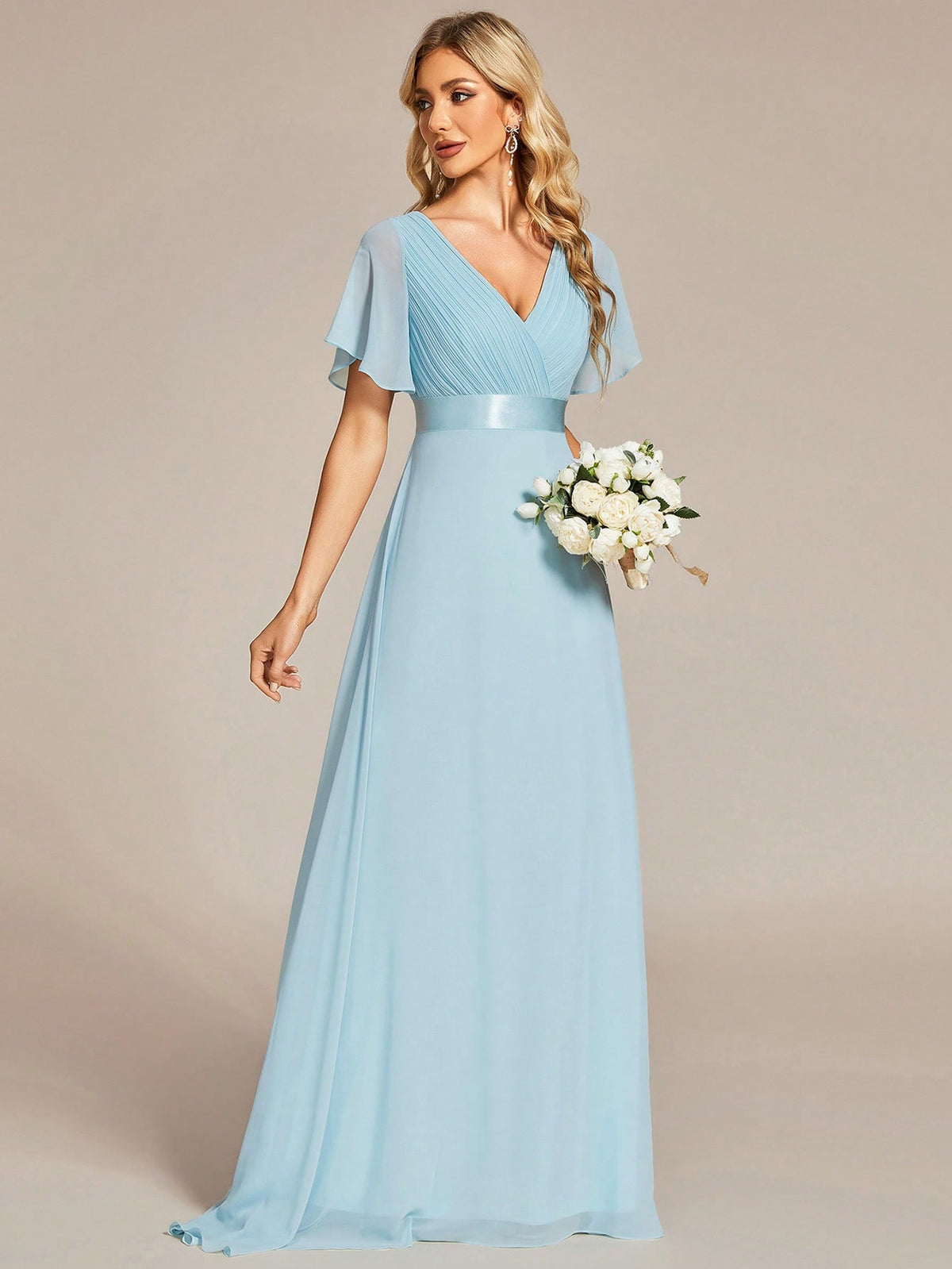 EVER-PRETTY Plunging Neck Butterfly Sleeve Maxi Chiffon Bridesmaid Dress