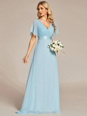 EVER-PRETTY Plunging Neck Butterfly Sleeve Maxi Chiffon Bridesmaid Dress