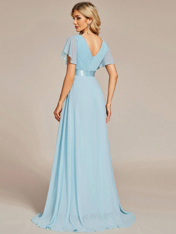 EVER-PRETTY Plunging Neck Butterfly Sleeve Maxi Chiffon Bridesmaid Dress