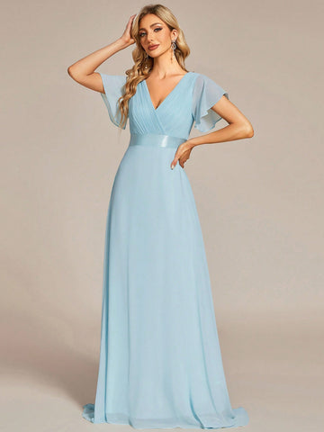 EVER-PRETTY Plunging Neck Butterfly Sleeve Maxi Chiffon Bridesmaid Dress
