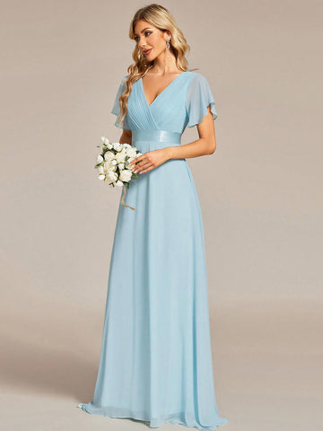 EVER-PRETTY Plunging Neck Butterfly Sleeve Maxi Chiffon Bridesmaid Dress