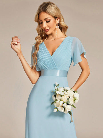 EVER-PRETTY Plunging Neck Butterfly Sleeve Maxi Chiffon Bridesmaid Dress