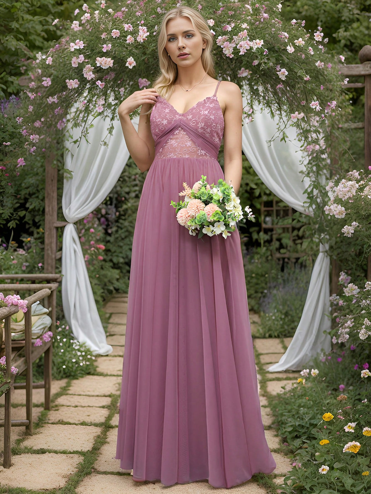 EVER-PRETTY Plunging Neck Embroidery Mesh Bridesmaid Dress