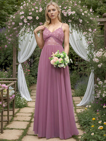 EVER-PRETTY Plunging Neck Embroidery Mesh Bridesmaid Dress