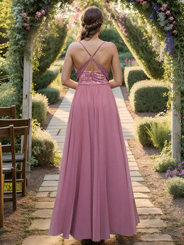 EVER-PRETTY Plunging Neck Embroidery Mesh Bridesmaid Dress