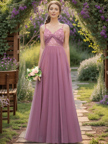 EVER-PRETTY Plunging Neck Embroidery Mesh Bridesmaid Dress