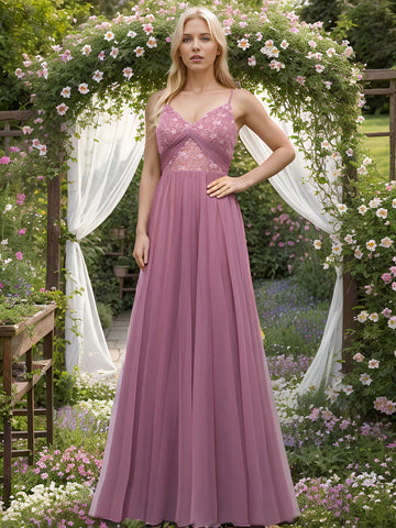 EVER-PRETTY Plunging Neck Embroidery Mesh Bridesmaid Dress