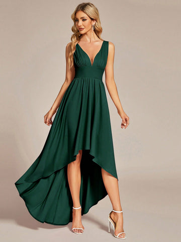 Plunging Neck High Low Hem Dress