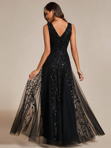 EVER-PRETTY Plunging Neck Sequin Contrast Mesh Formal