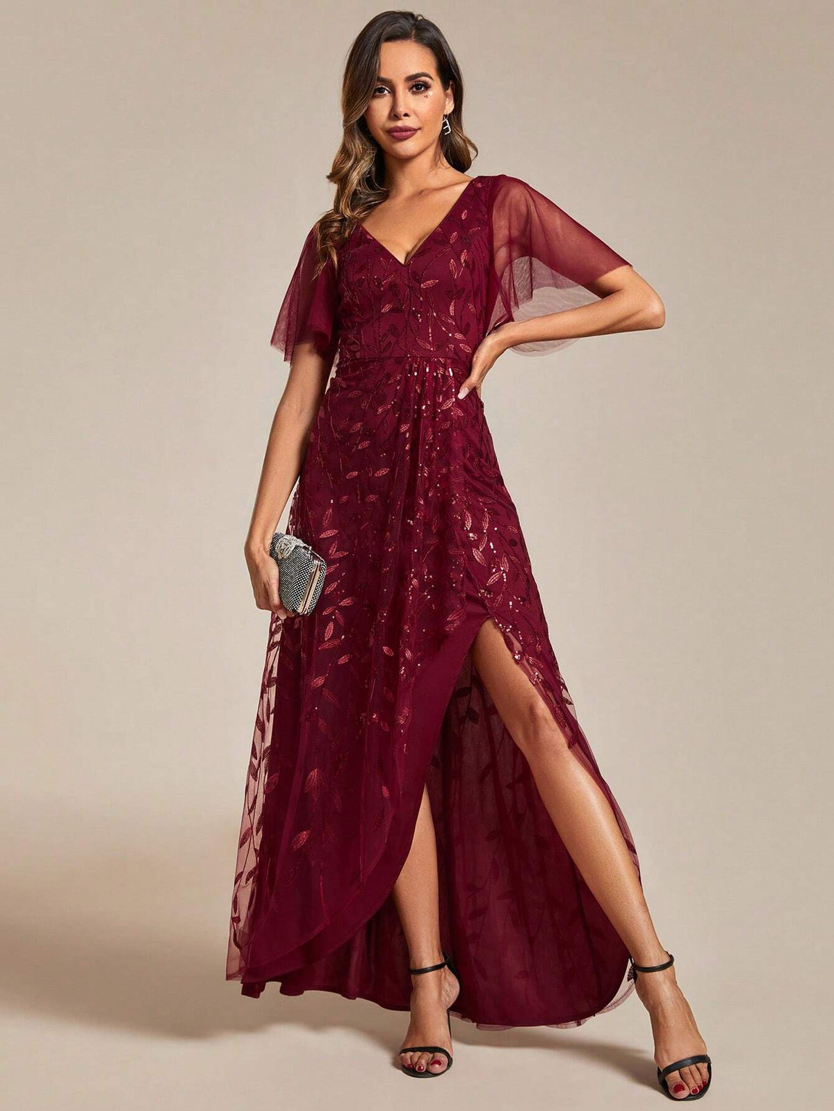 EVER-PRETTY Plunging Neck Sequin Contrast Split Thigh Bridesmaid Dress