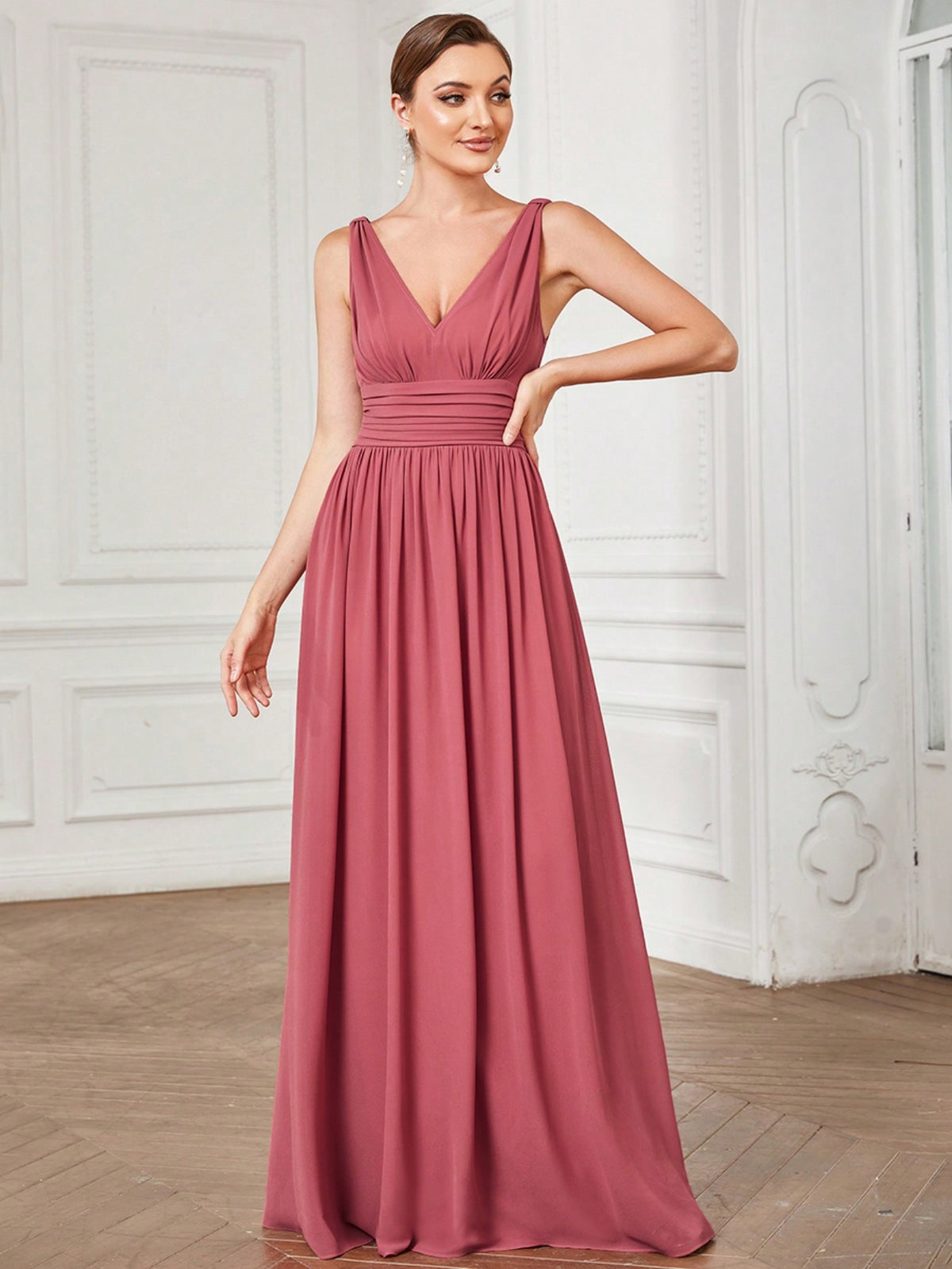 EVER-PRETTY Plunging Ruched Maxi Bridesmaid Dress