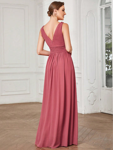EVER-PRETTY Plunging Ruched Maxi Bridesmaid Dress