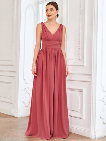 EVER-PRETTY Plunging Ruched Maxi Bridesmaid Dress