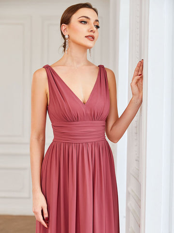 EVER-PRETTY Plunging Ruched Maxi Bridesmaid Dress