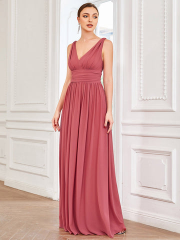 EVER-PRETTY Plunging Ruched Maxi Bridesmaid Dress
