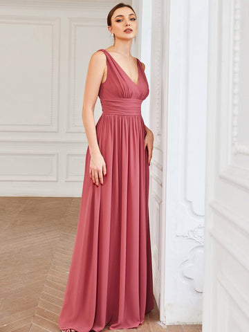 EVER-PRETTY Plunging Ruched Maxi Bridesmaid Dress