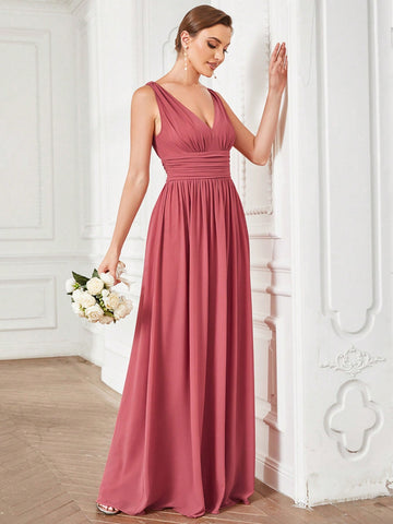 EVER-PRETTY Plunging Ruched Maxi Bridesmaid Dress