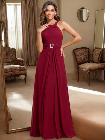 Rhinestone Buckle Detail Chiffon Bridesmaid Dress