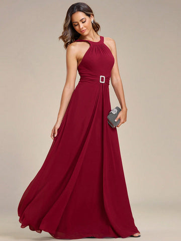 Rhinestone Buckle Detail Chiffon Bridesmaid Dress
