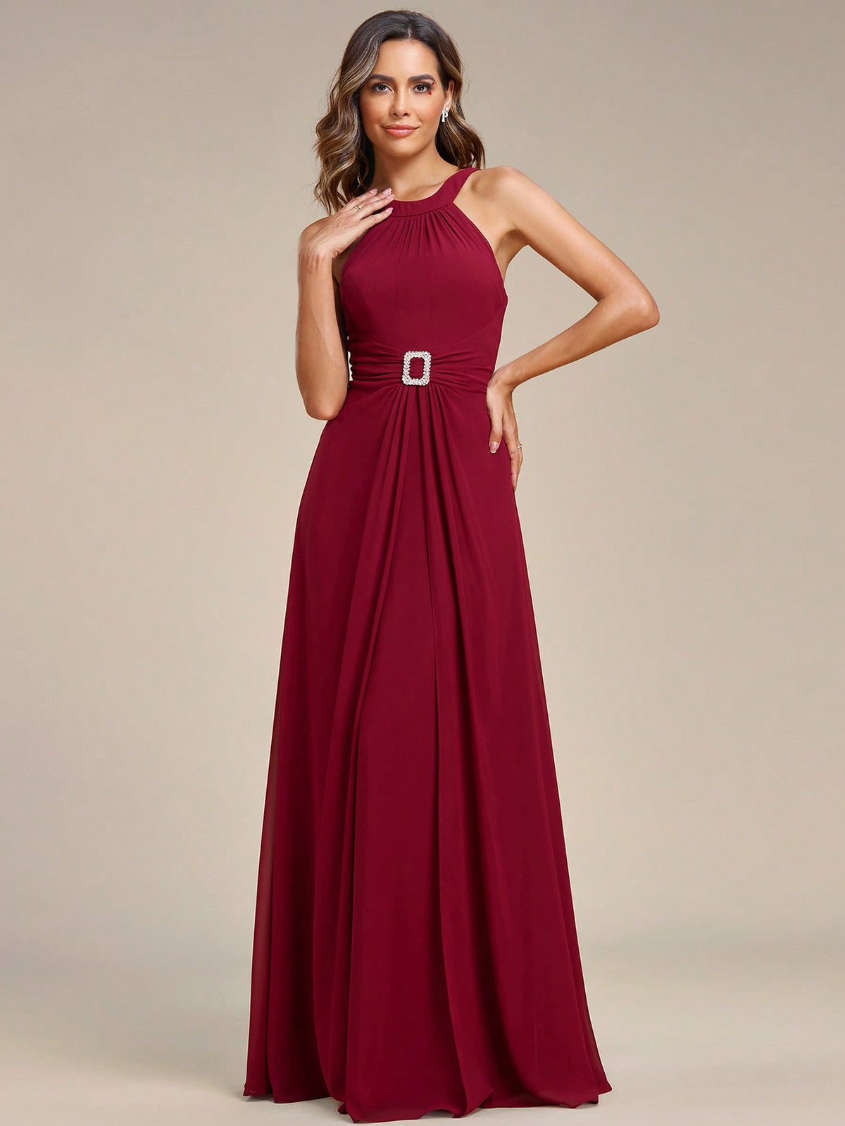Rhinestone Buckle Detail Chiffon Bridesmaid Dress