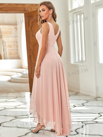 EVER-PRETTY Rhinestone Detail Ruched High Low Bridesmaid Dress