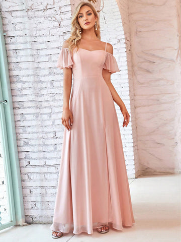 EVER-PRETTY Romantic Hollow Out Shoulder Bell Sleeve & High Slit Chiffon Bridesmaid Dress