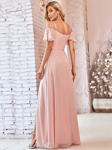 EVER-PRETTY Romantic Hollow Out Shoulder Bell Sleeve & High Slit Chiffon Bridesmaid Dress