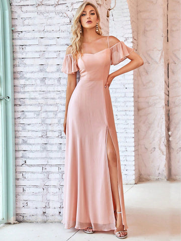 EVER-PRETTY Romantic Hollow Out Shoulder Bell Sleeve & High Slit Chiffon Bridesmaid Dress